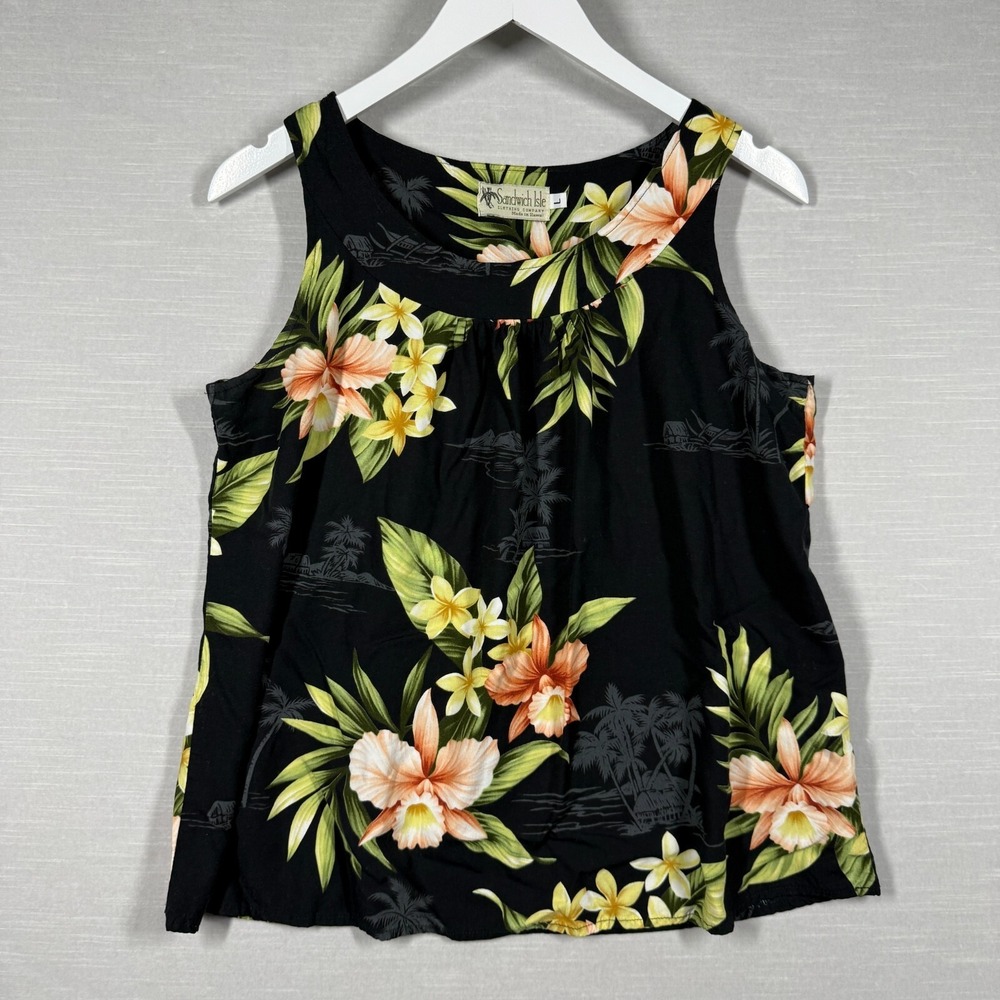 Sandwich‎ Isle Top Womens Large Black Floral Hawaii Vacation Aloha Flowy Casual